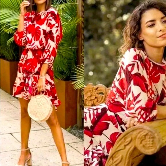NEW without tags:Johanna Ortiz X H&M Flounced Leaf Print Dress Red - $100 Size M - Picture 2 of 5